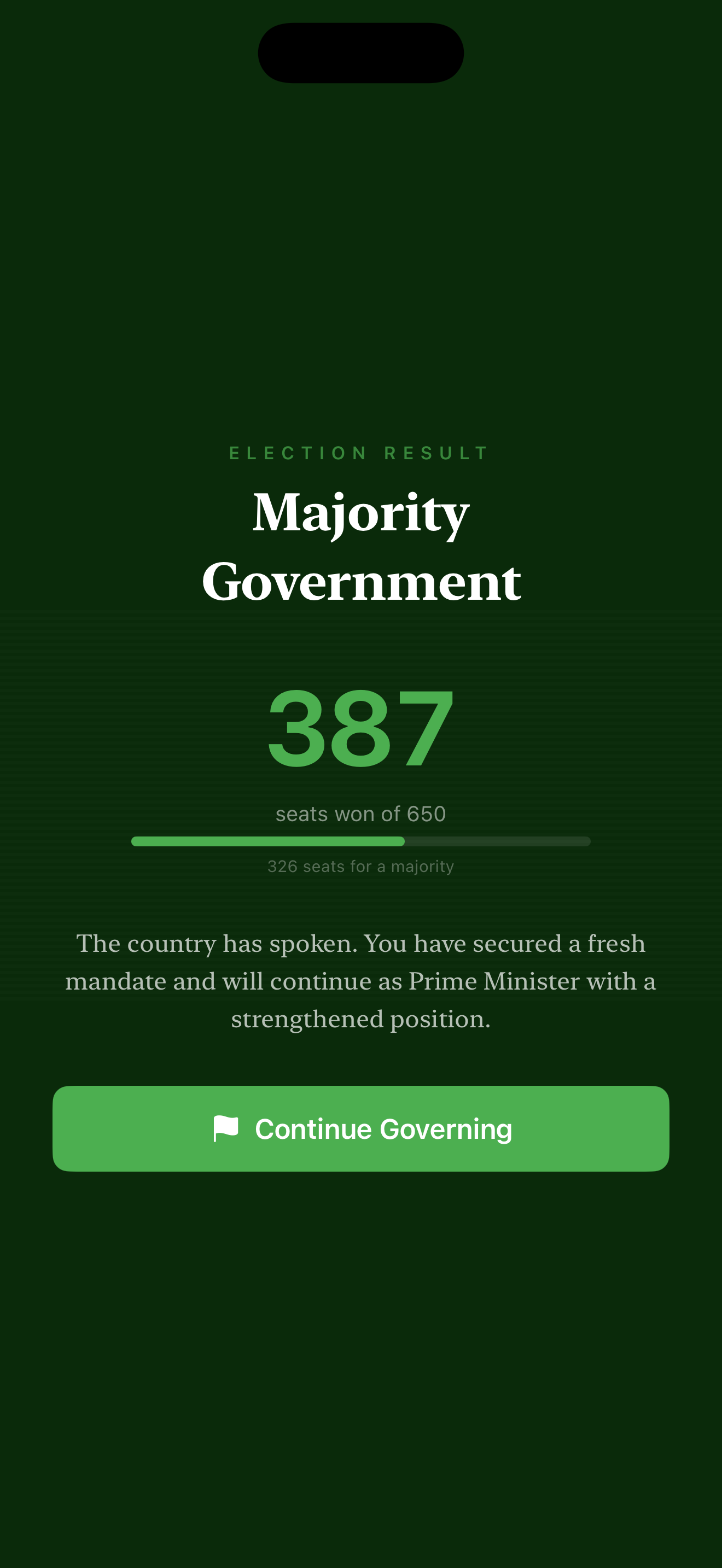 Election result screen showing the outcome of a national vote