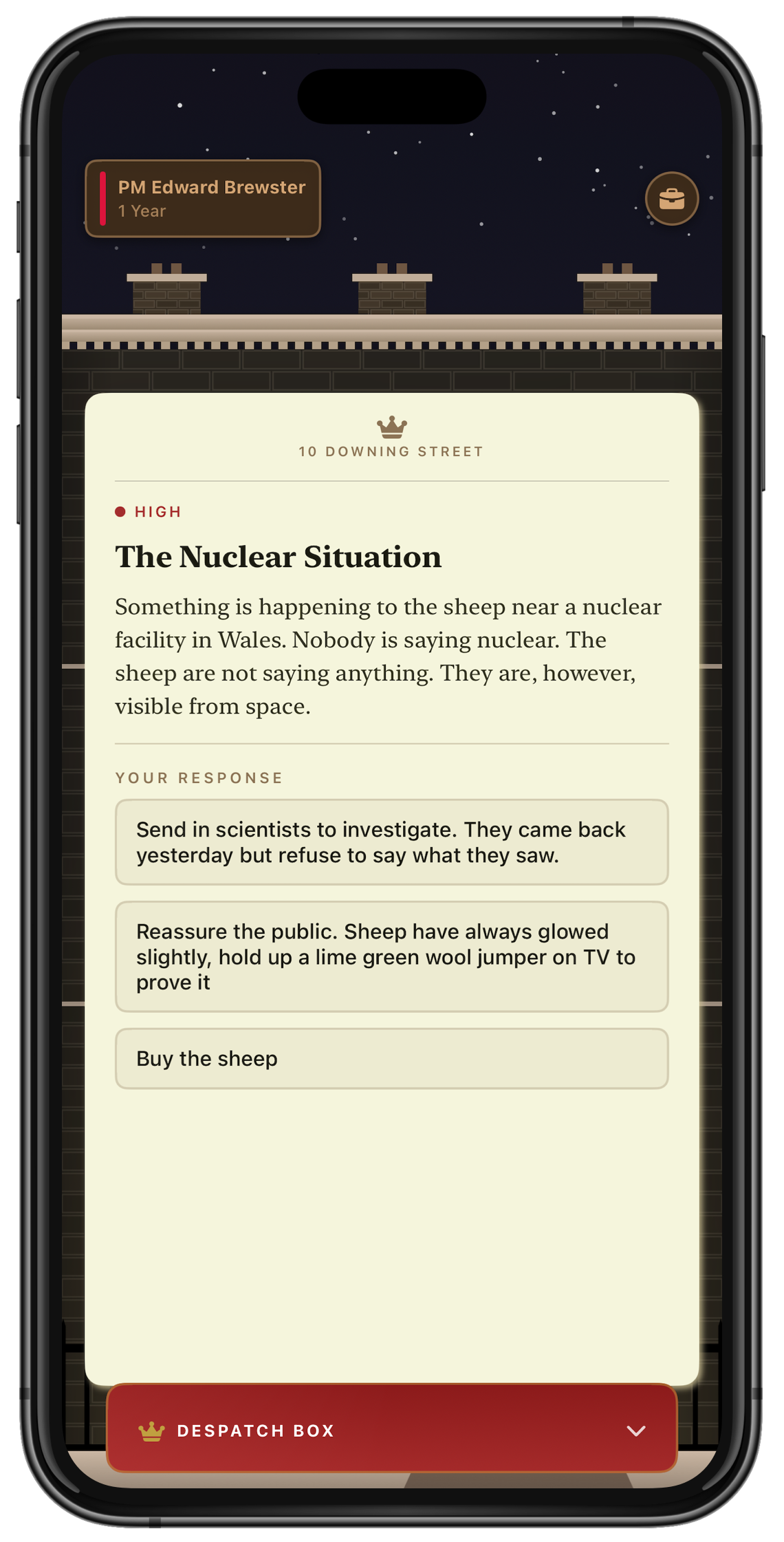 No. 10: Full Confidence gameplay: faction windows on the Downing Street facade