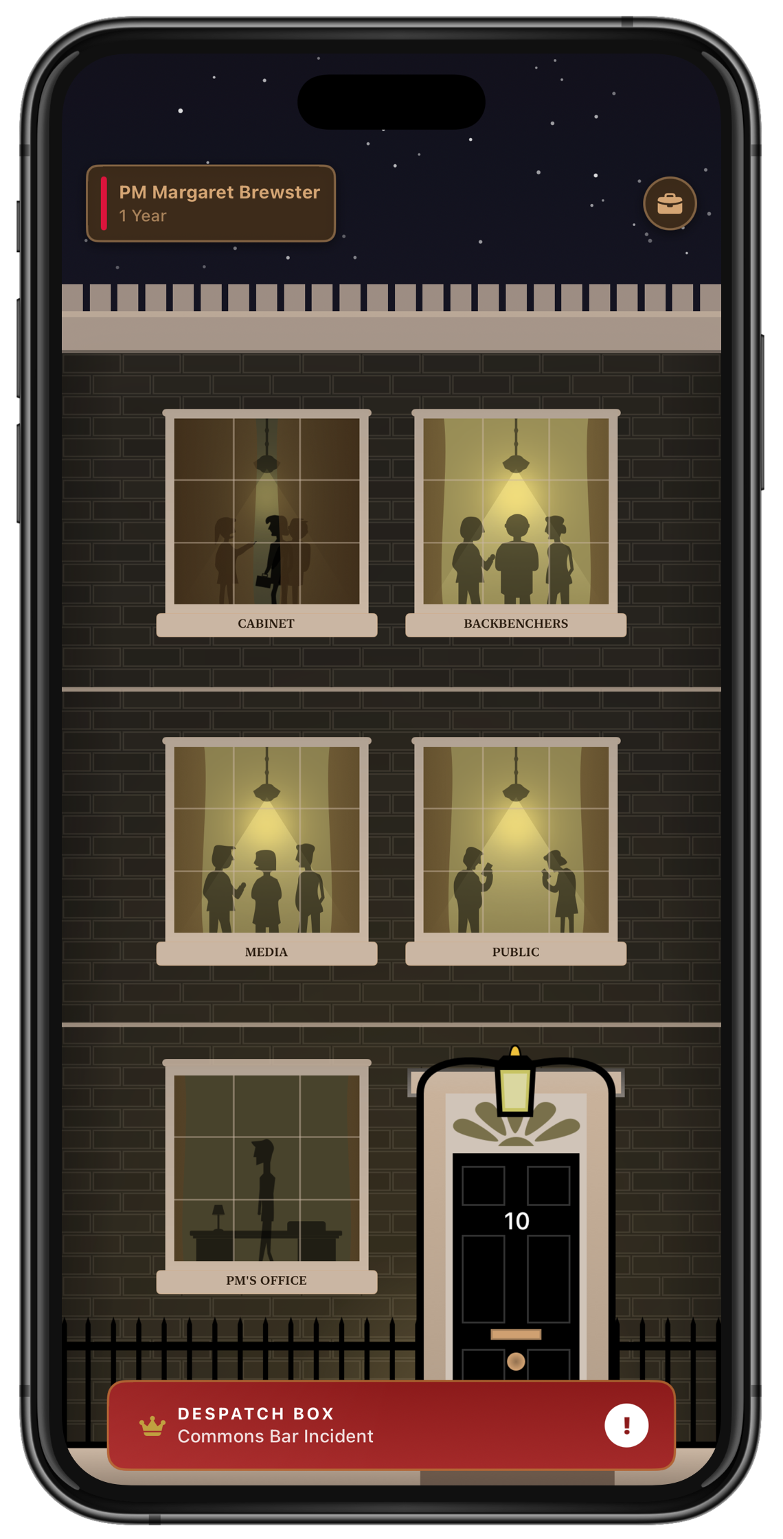 Full Confidence gameplay showing the Downing Street building, faction windows, PM office, and dispatch box